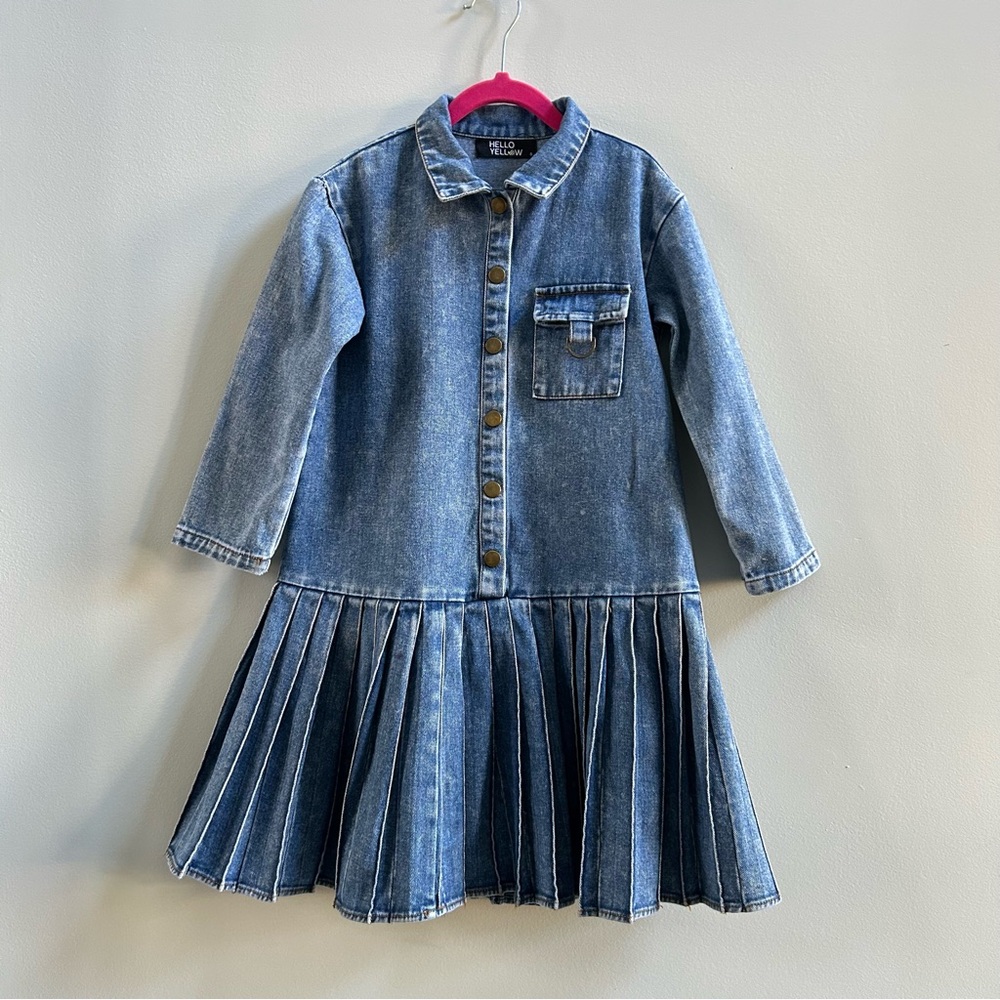 Hello Yellow Girl’s Blue Distressed Denim Pleated Skirt Shirt Dress, Size 6